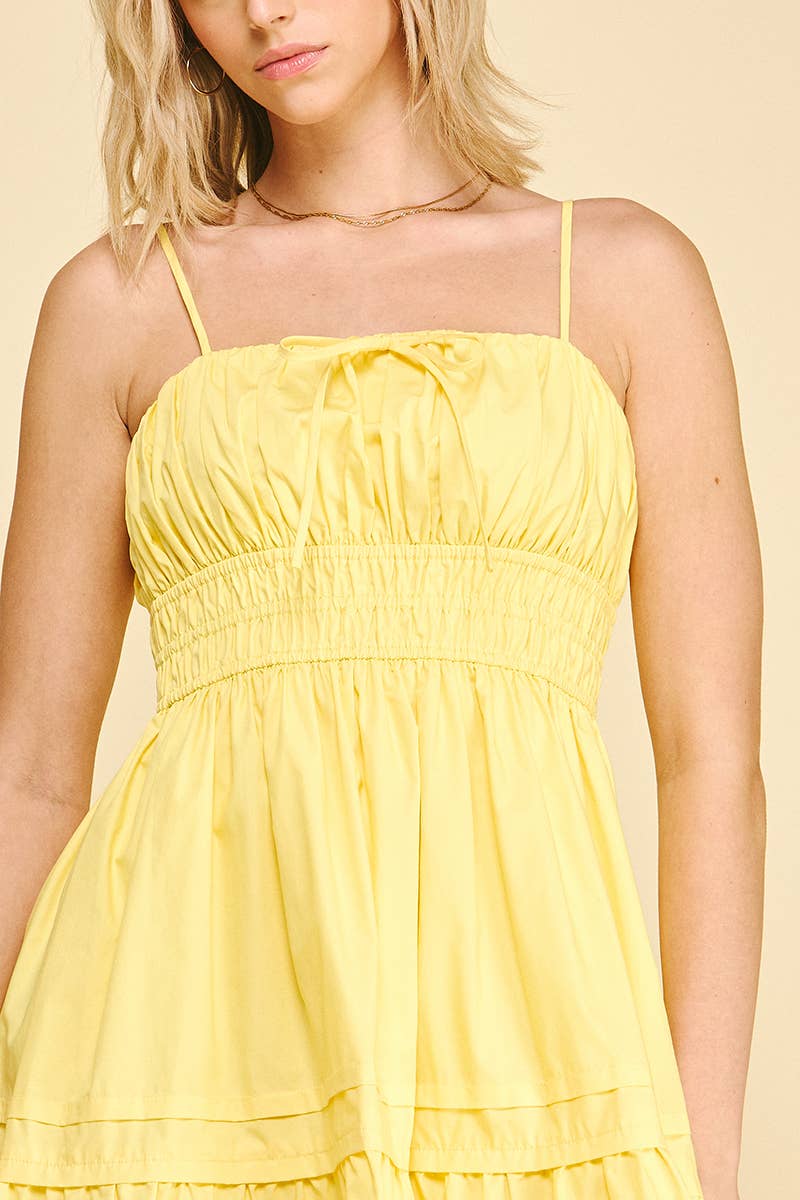 Ruched Tiered Front Tie Mini Dress