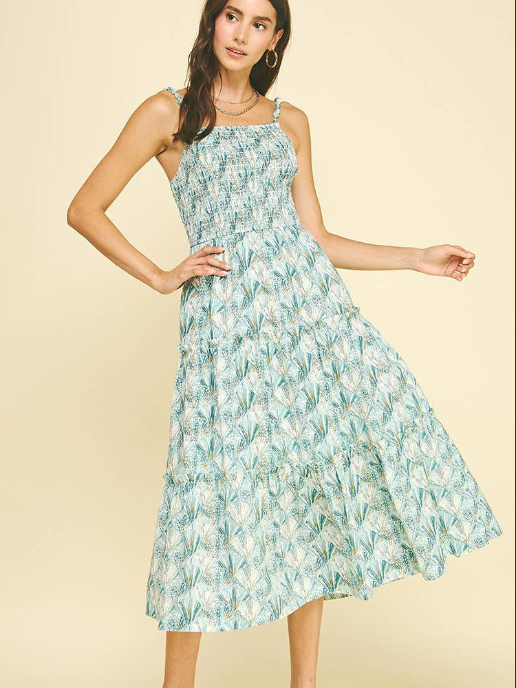 Seashell Tiered Beaded Strap Midi Dress