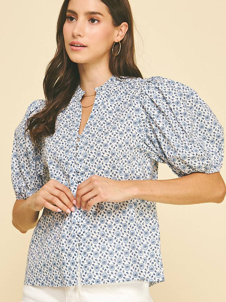 Floral Print Button Down Blouse Top