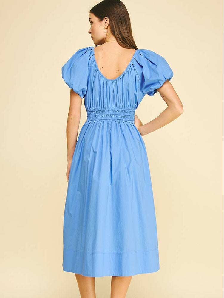 Poplin Puff Sleeve Midi Dress