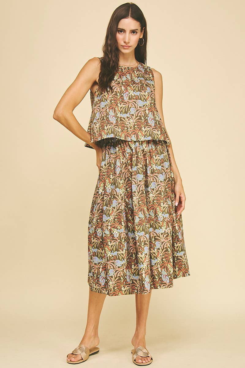 Jungle Print Pleated Midi Skirt