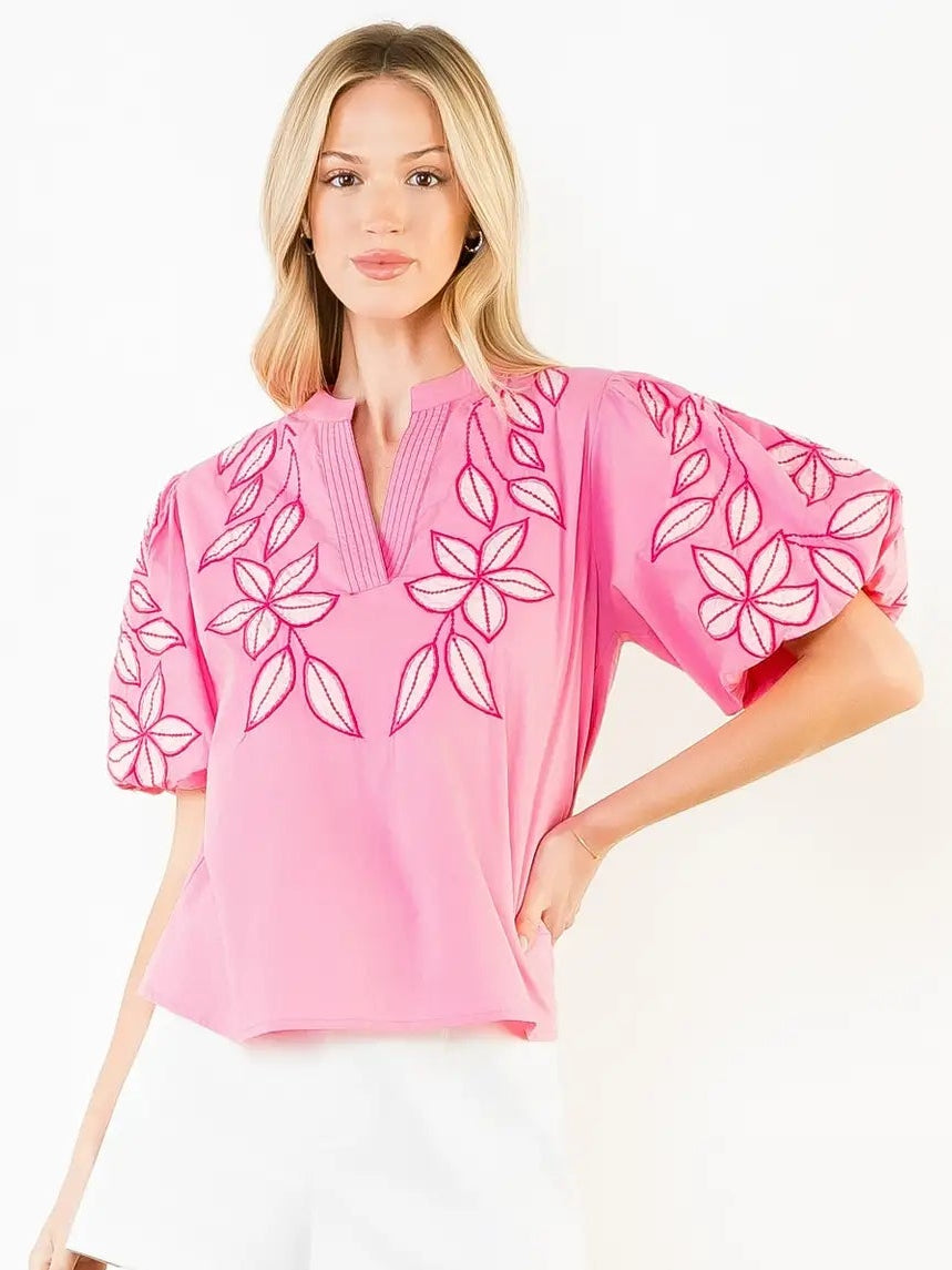 Embroidered Puff Sleeve Split Neck Top