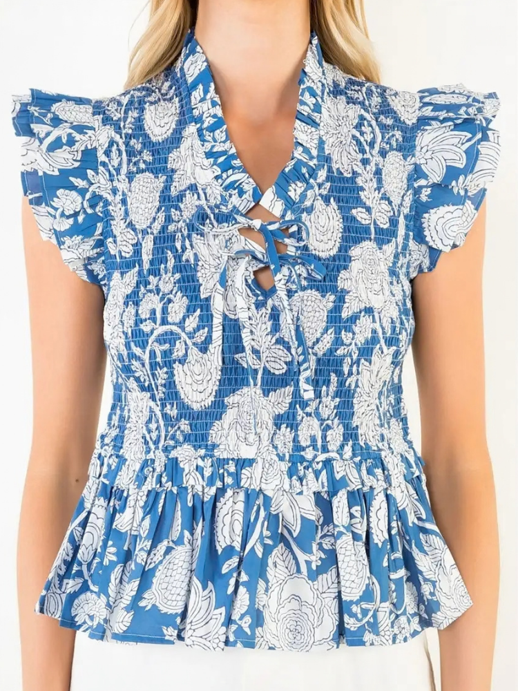 Floral Ruffled Textured Tie Top