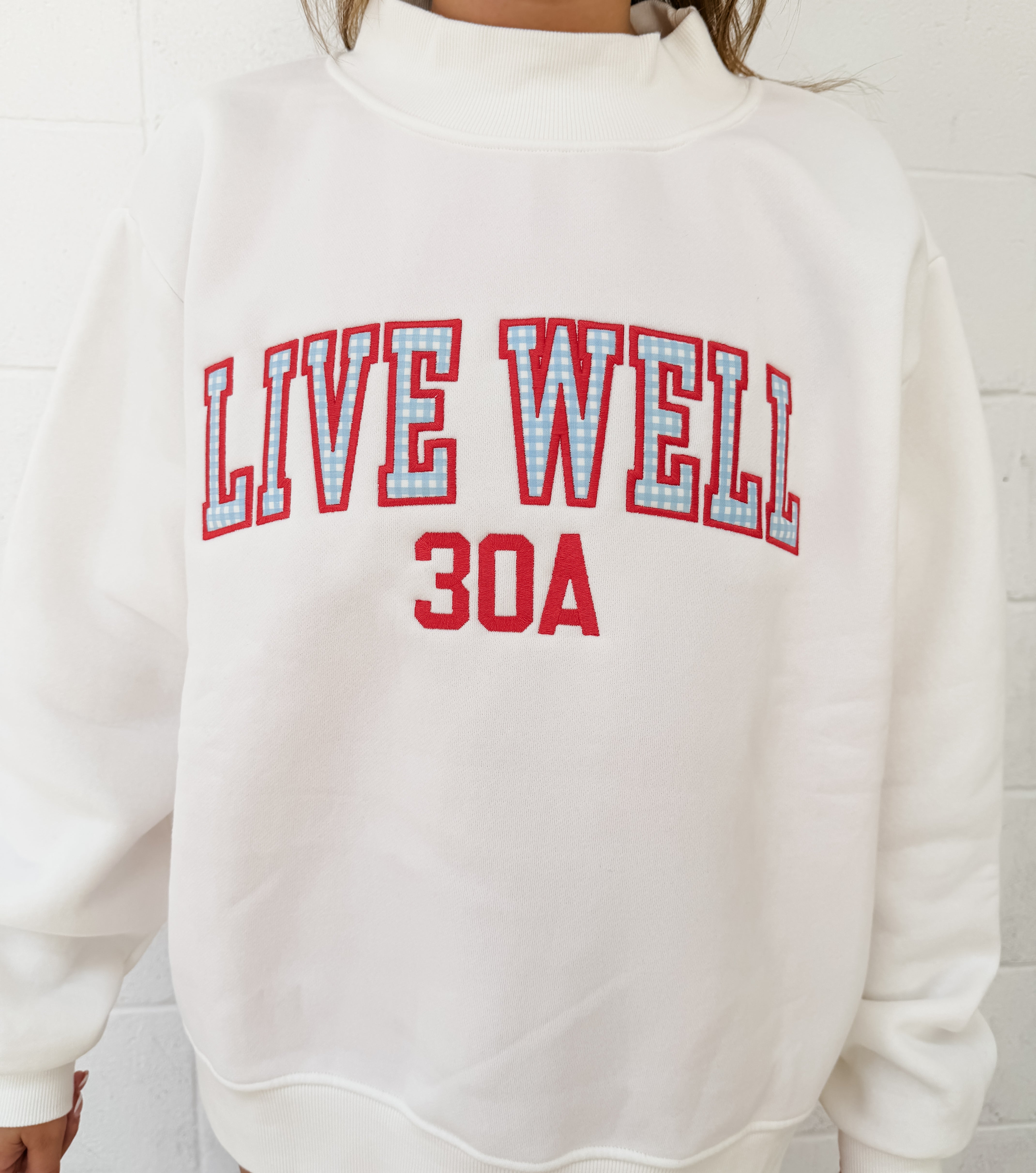 Live Well 30A Gingham Applique Mockneck Sweatshirt