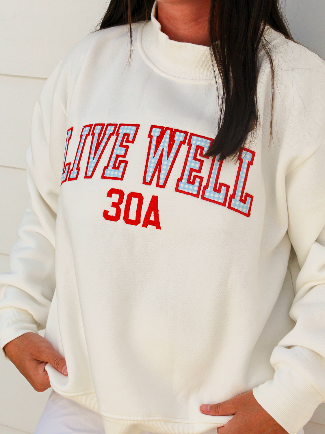 Live Well 30A Gingham Applique Mockneck Sweatshirt