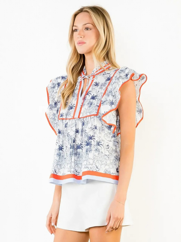 Palm Tree Short Sleeve Flutter Top
