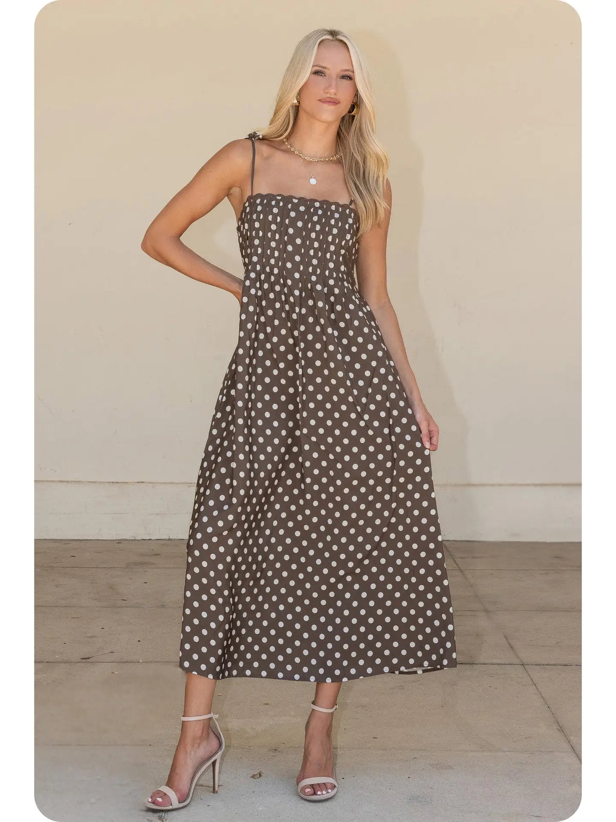 Pintuck Detail Tie Strap Polka Dot Sleeveless Mini Dress