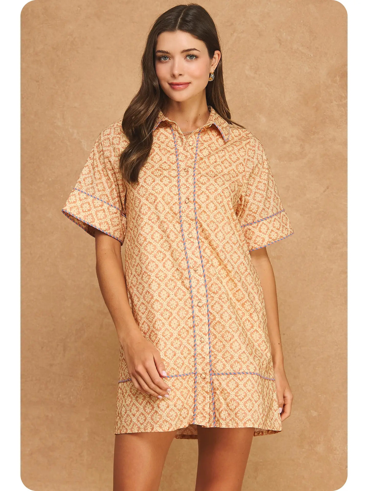 Retro Floral Stripe Piping Short Sleeve Shirt Mini Dress