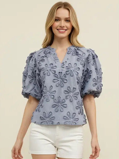 Striped Floral Embroidered Blouse Top
