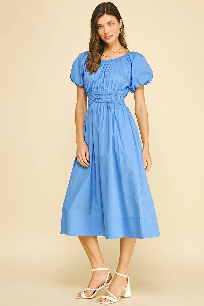 Poplin Puff Sleeve Midi Dress