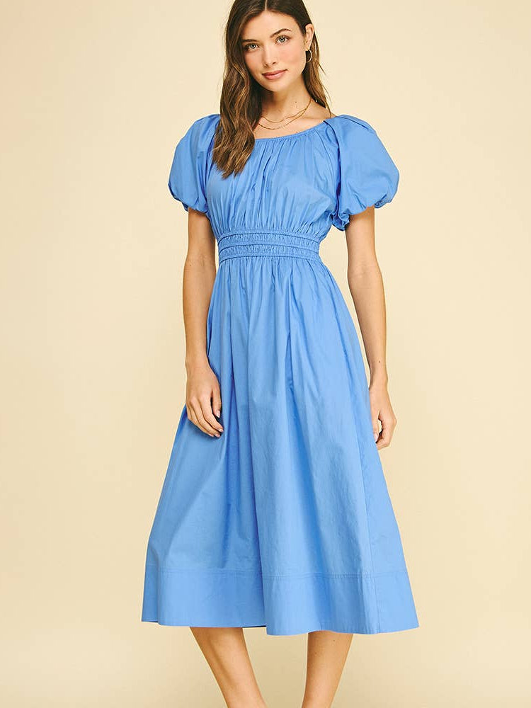 Poplin Puff Sleeve Midi Dress
