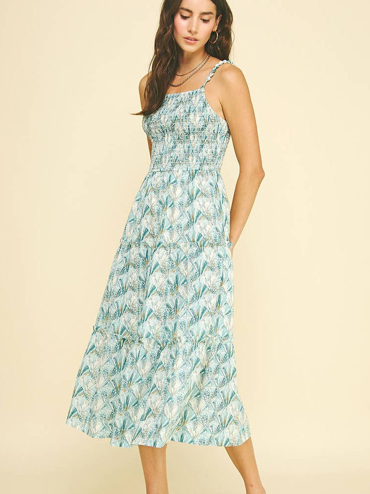 Seashell Tiered Beaded Strap Midi Dress