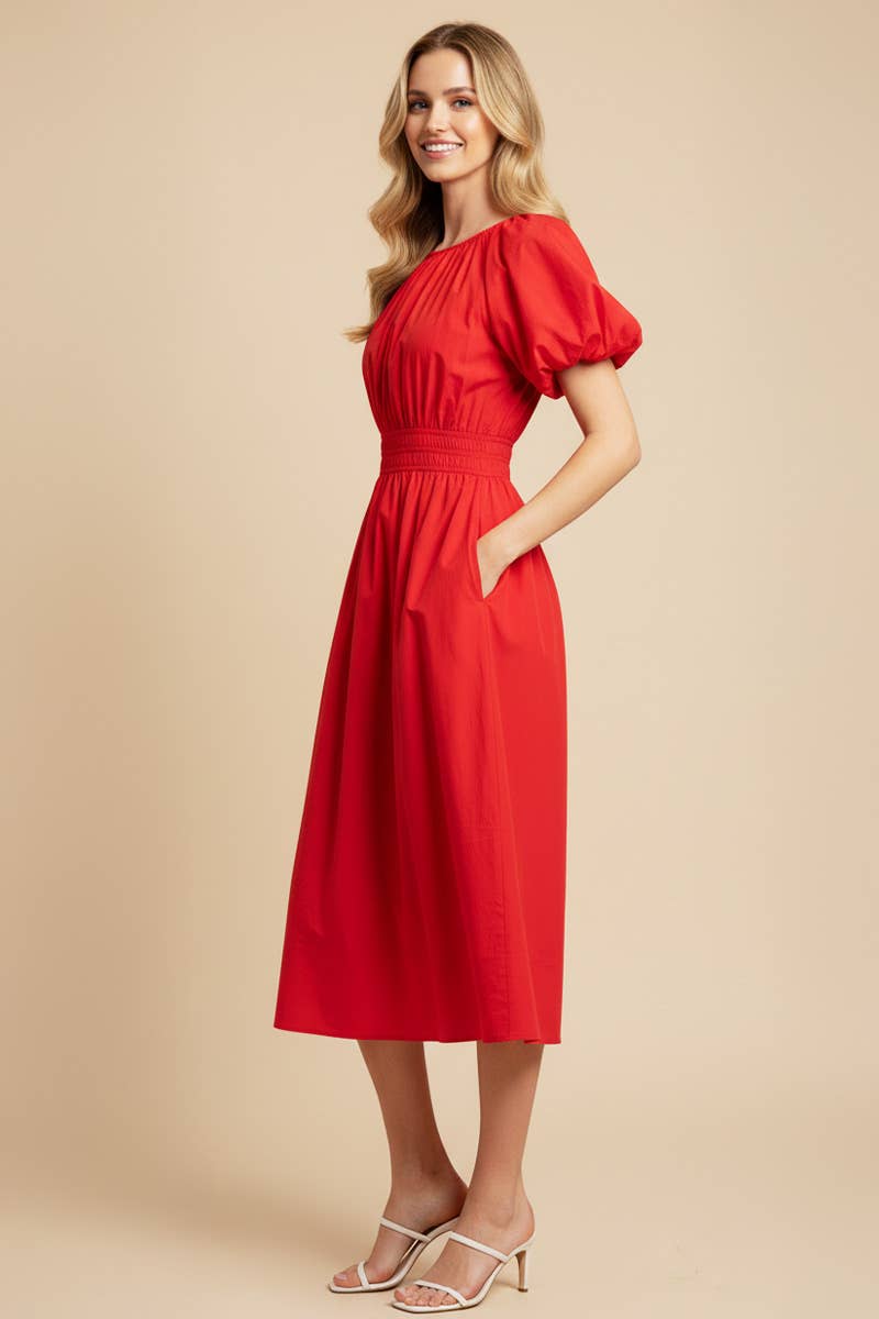 Poplin Puff Sleeve Midi Dress
