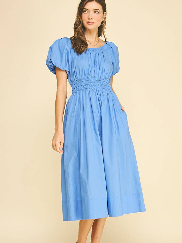 Poplin Puff Sleeve Midi Dress