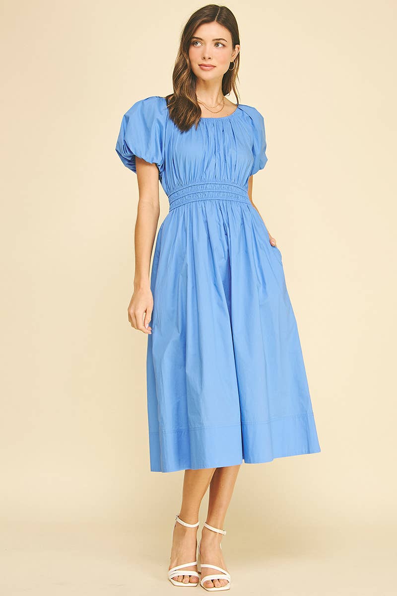 Poplin Puff Sleeve Midi Dress