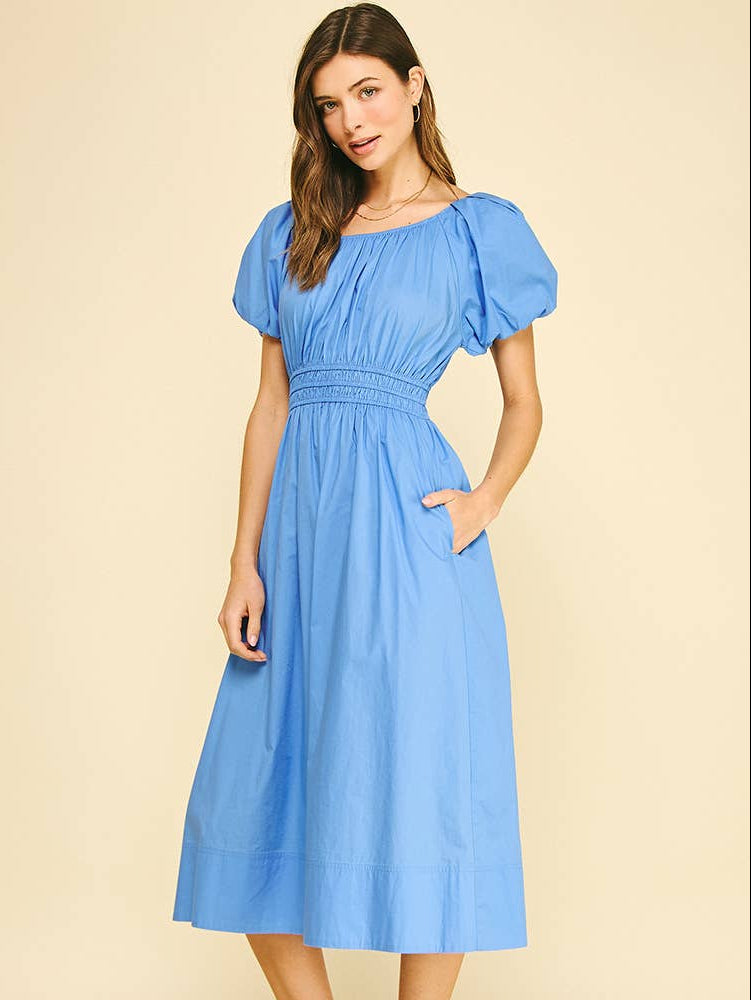 Poplin Puff Sleeve Midi Dress