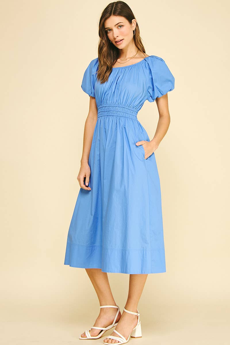 Poplin Puff Sleeve Midi Dress