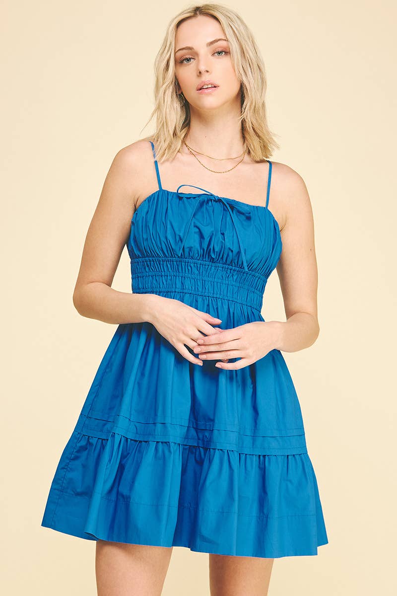 Ruched Tiered Front Tie Mini Dress