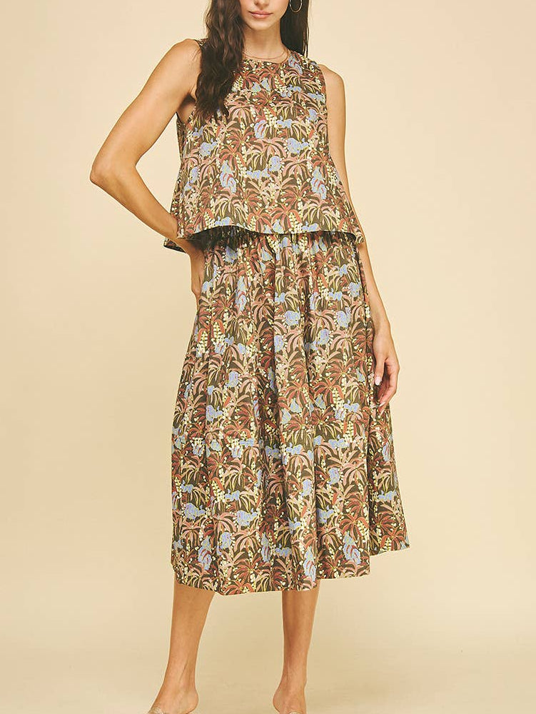 Jungle Print Pleated Midi Skirt