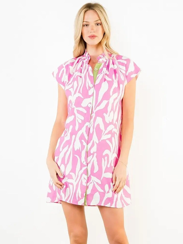 Abstract Leaf Pattern Button Down Dress