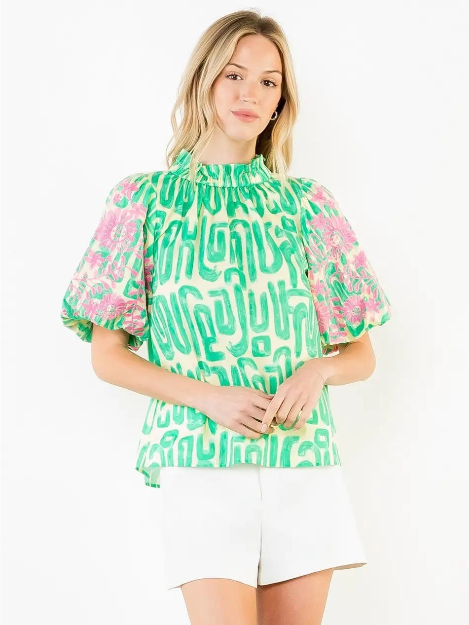 Abstract Pattern Embroidered Puff Sleeve Top