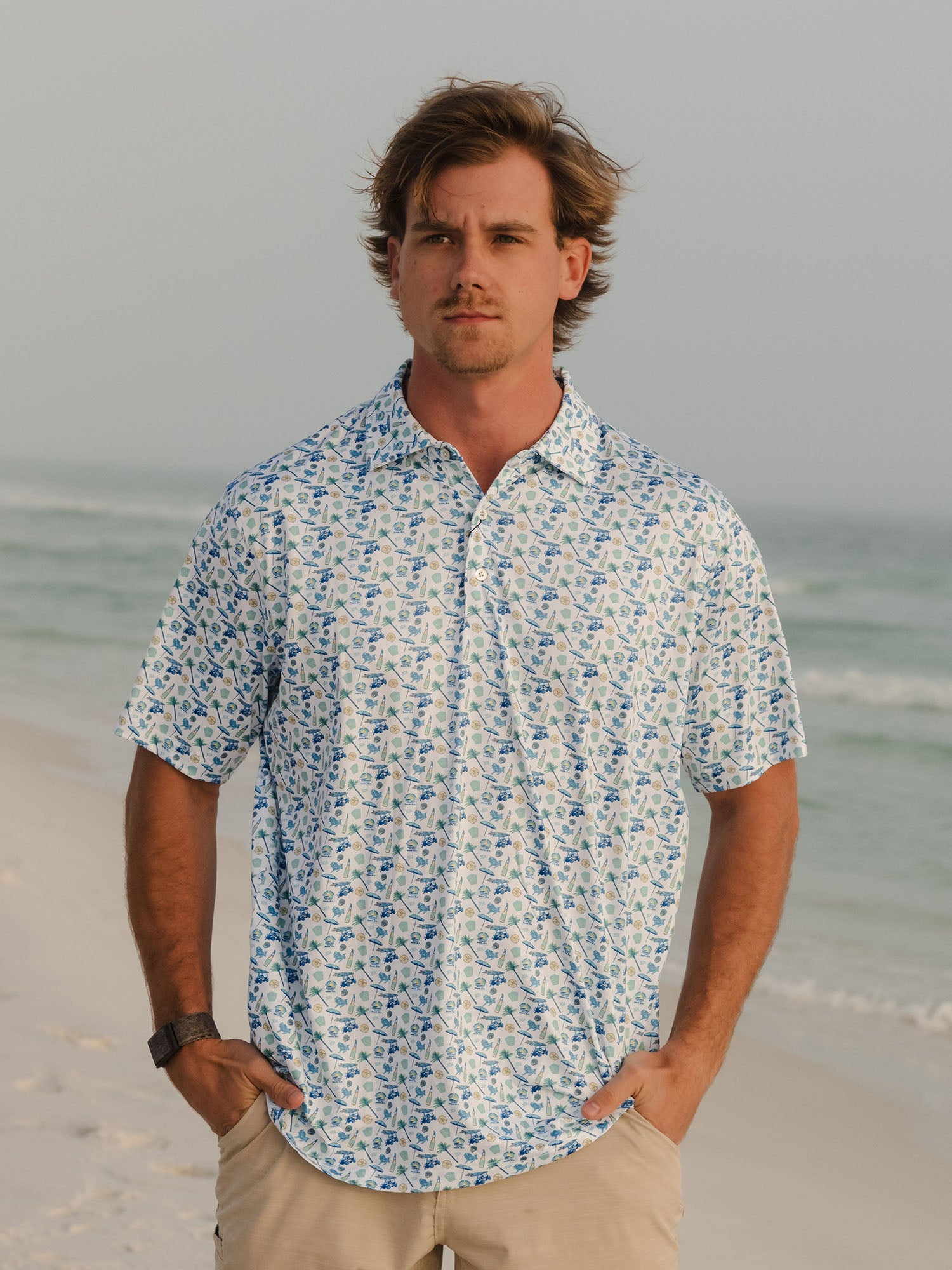 Live Well 30A Icons Print Performance Polo