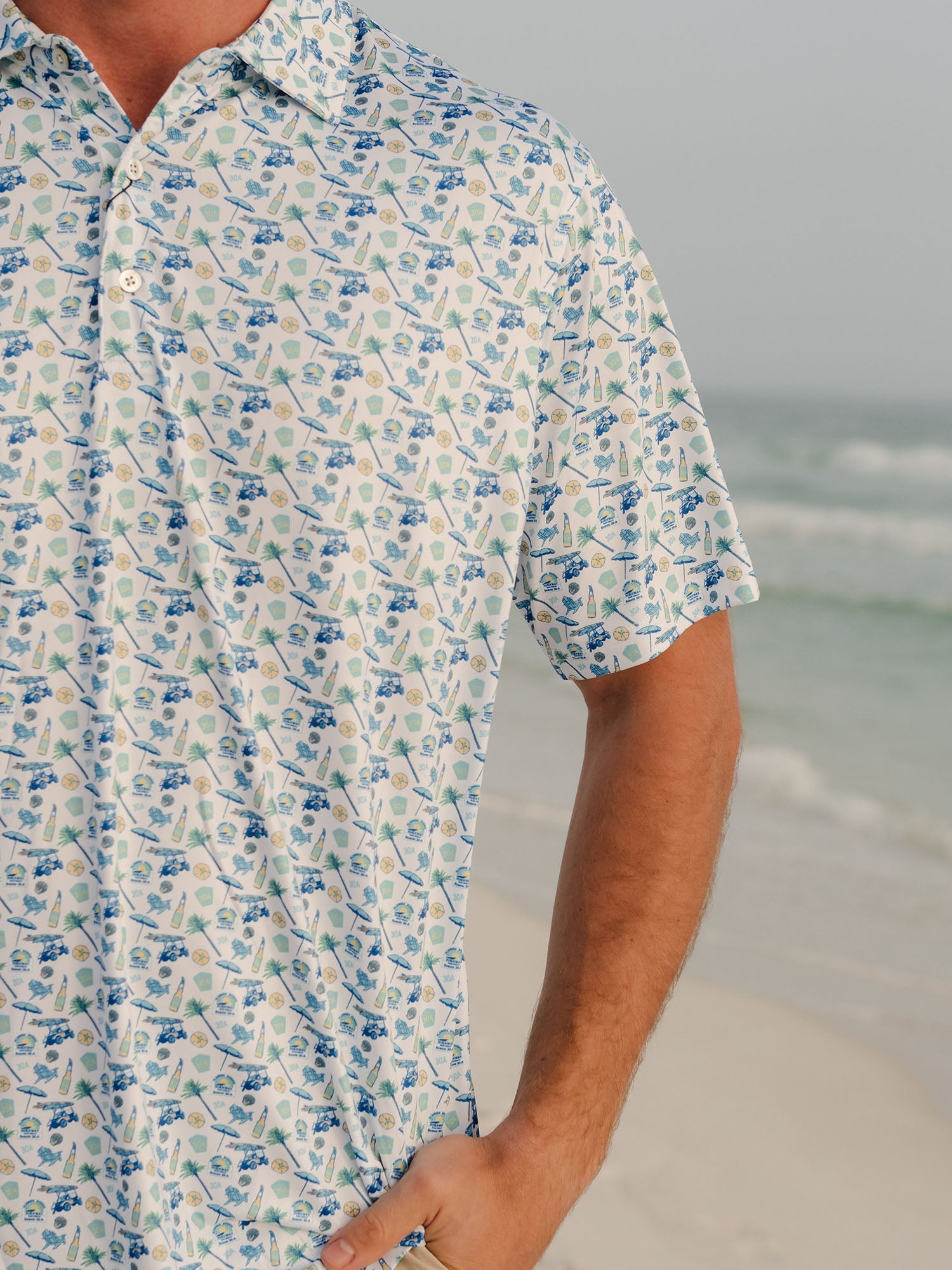 Live Well 30A Icons Print Performance Polo