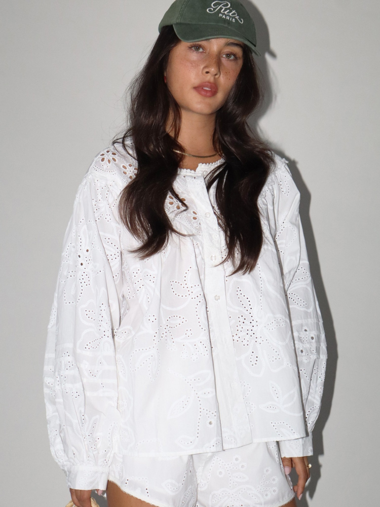 Eyelet Cotton Long Sleeve Blouse