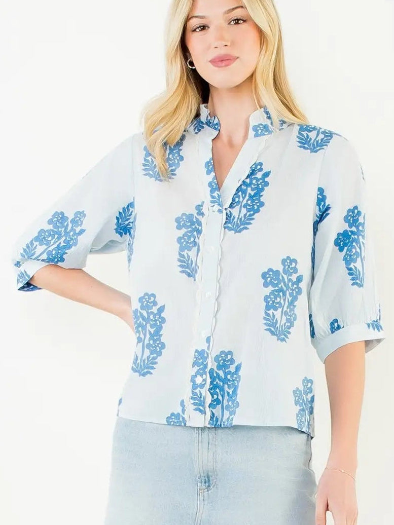 Floral Block Print Pattern Button Up Long Sleeve Top