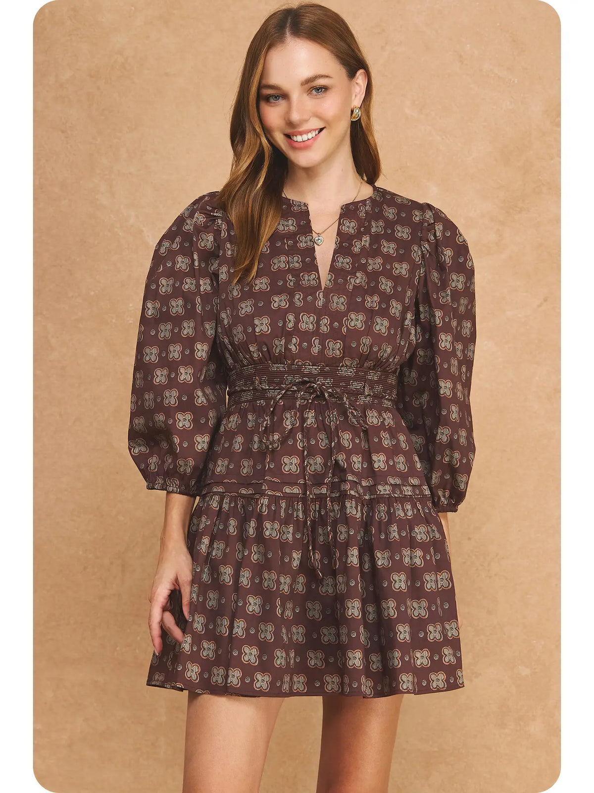 Foulard Clover Print Smocked Split Neck Tiered Mini Dress