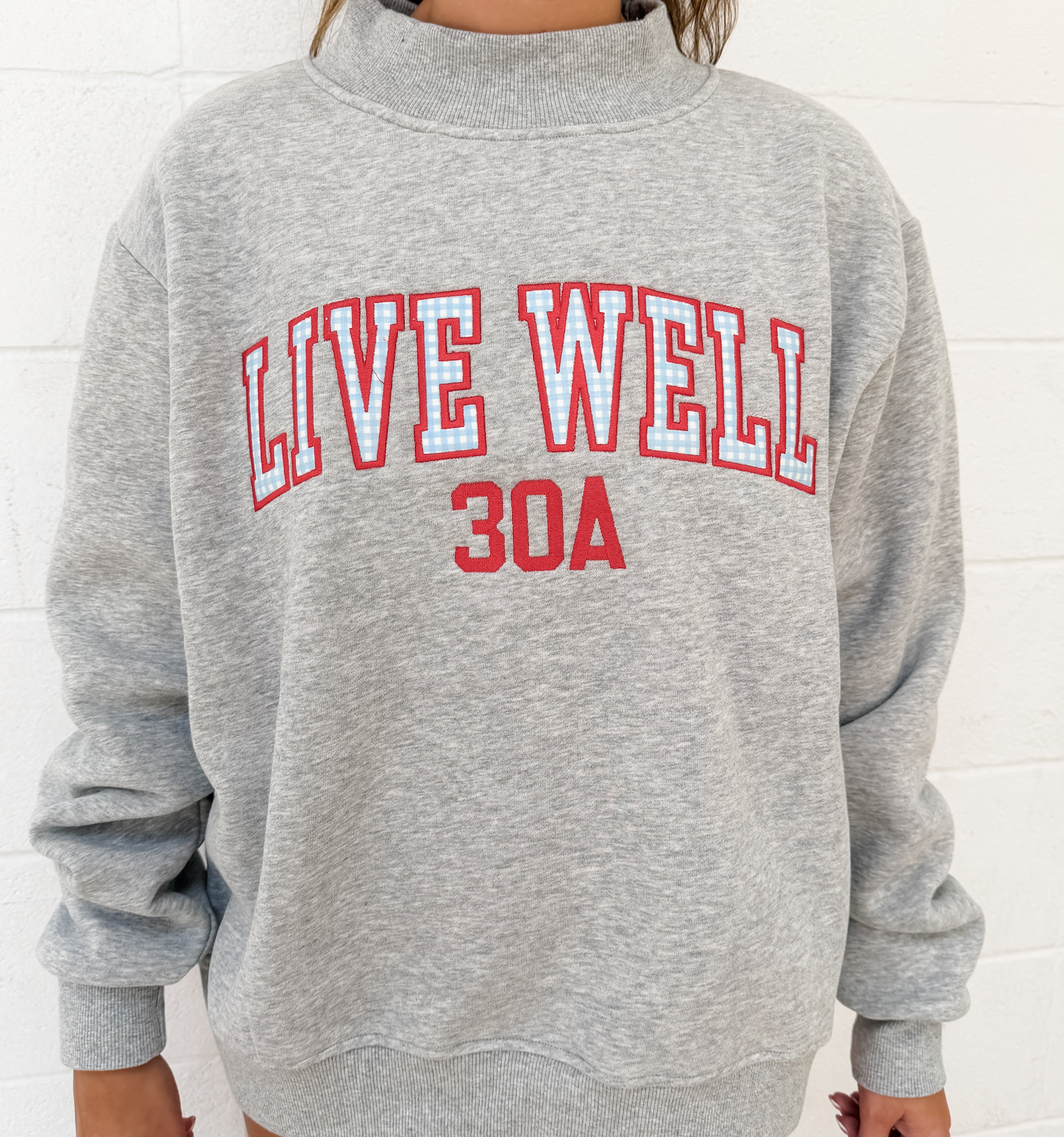 Live Well 30A Gingham Applique Mockneck Sweatshirt