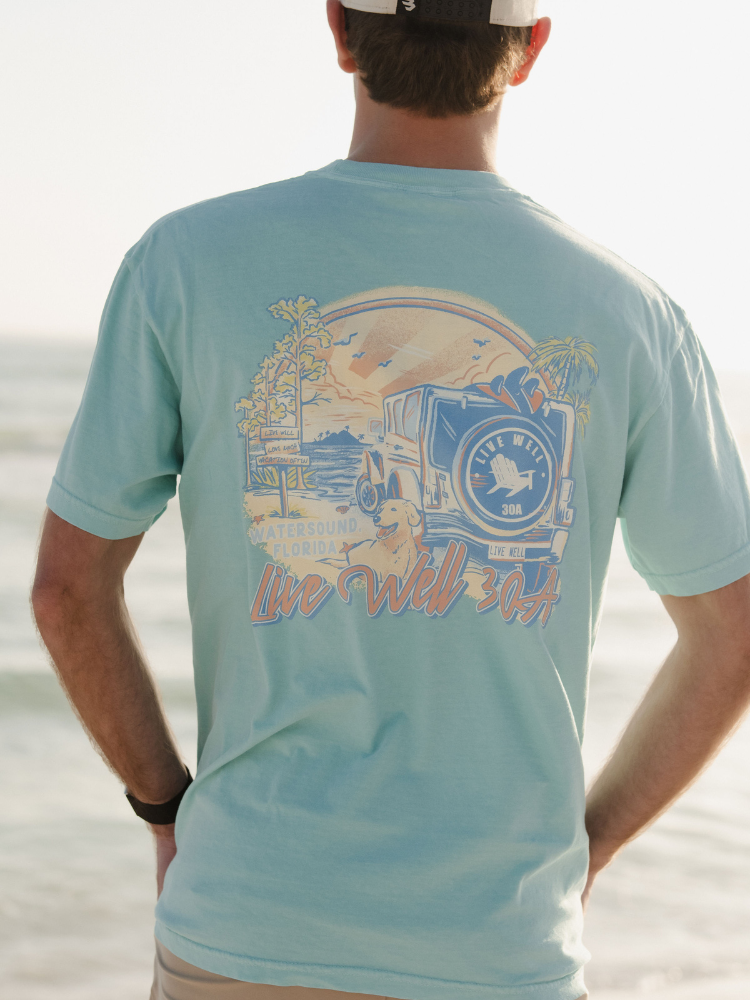 Live Well 30A Sunset Jeep Pocket T-Shirt