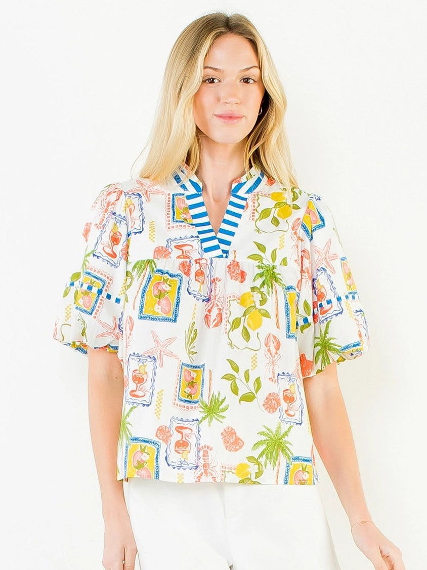 Puff Sleeve Pattern Detail V-Neck Top