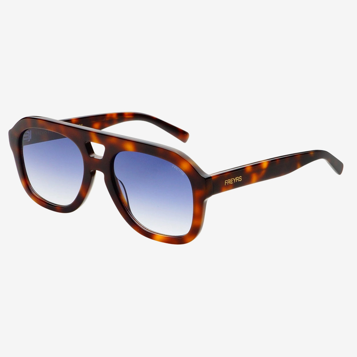 Sunglasses with tortoiseshell frame and blue gradient lenses on a white background