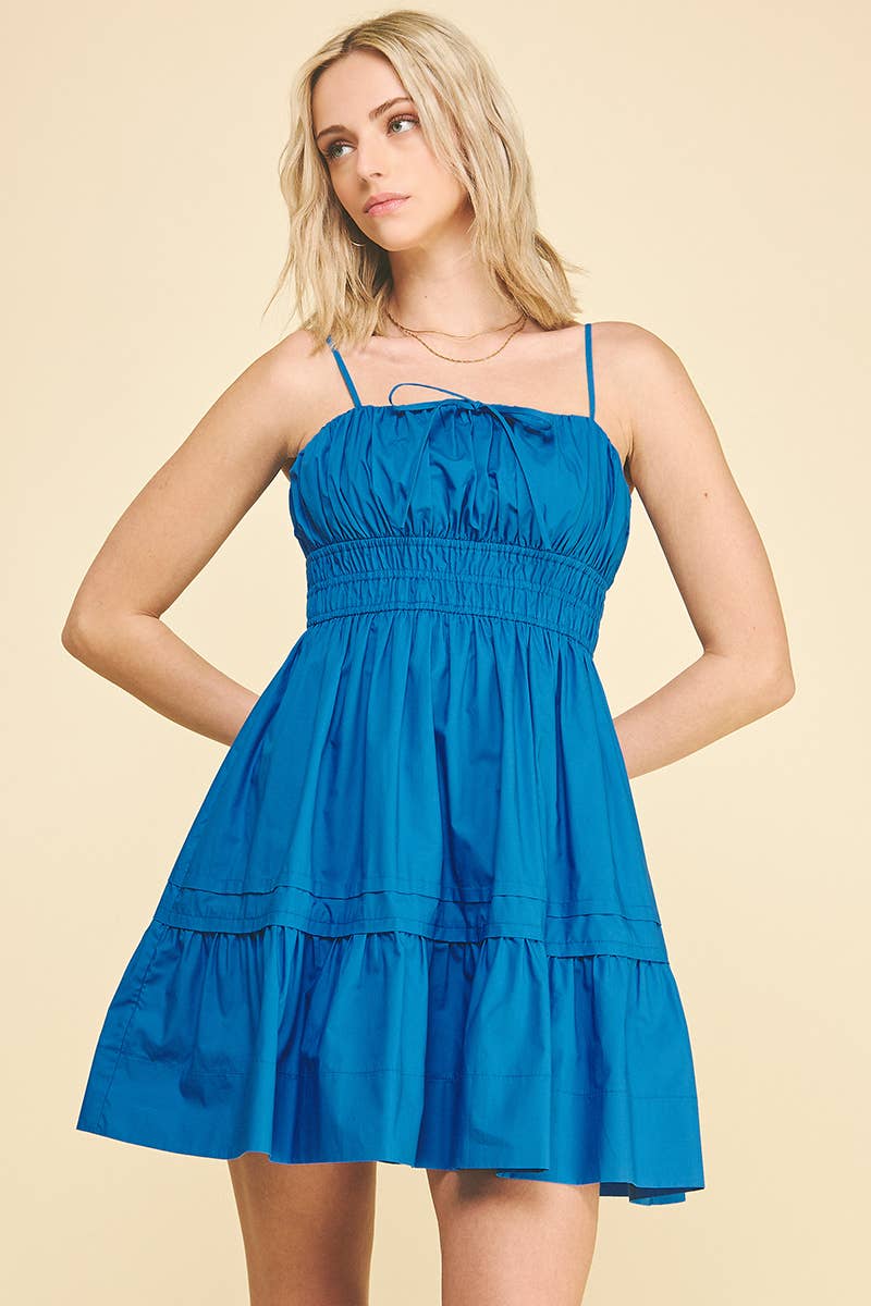 Ruched Tiered Front Tie Mini Dress