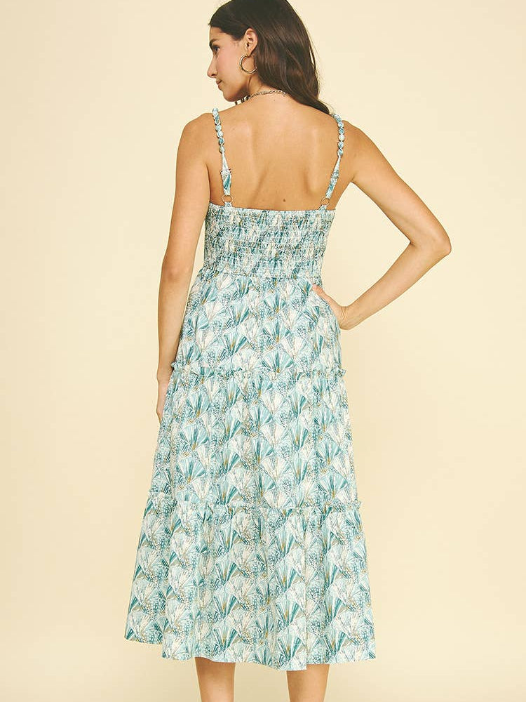 Seashell Tiered Beaded Strap Midi Dress