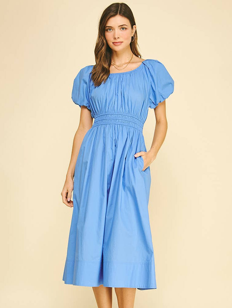 Poplin Puff Sleeve Midi Dress