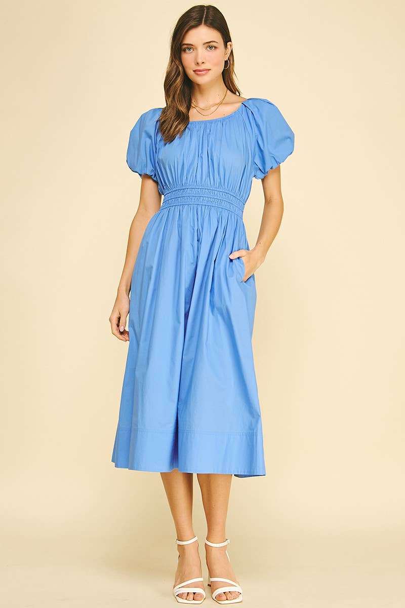 Poplin Puff Sleeve Midi Dress