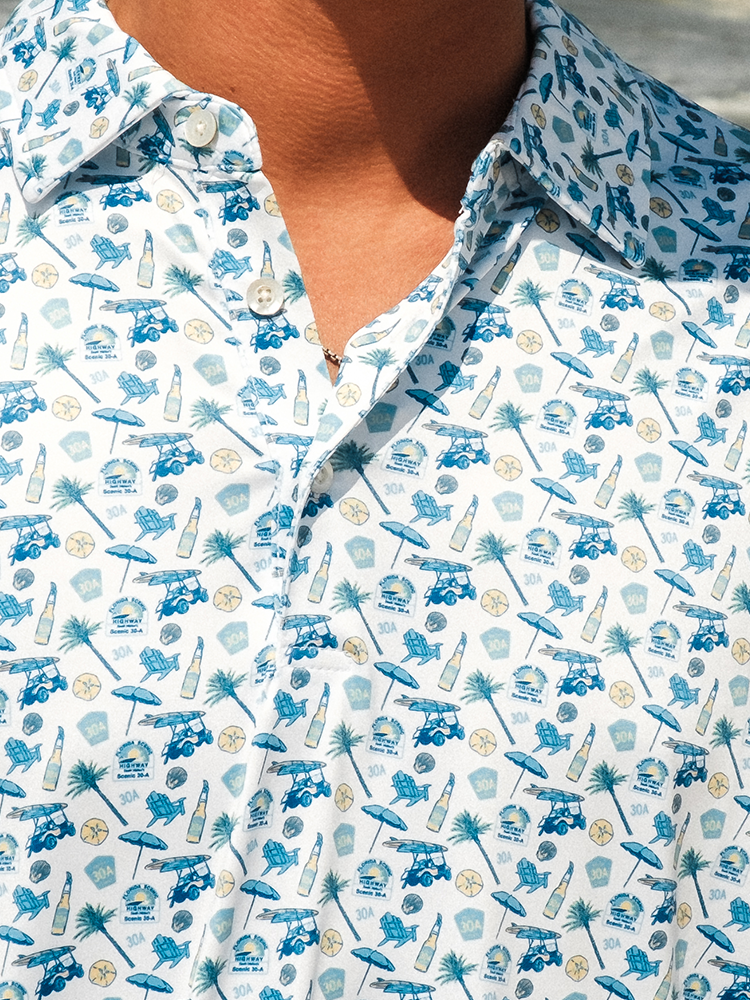 Live Well 30A Icons Print Performance Polo